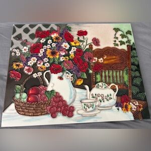 Benaya hand-painted ceramic 3d art tile mural Tea Time in Garden Flowers 11x14